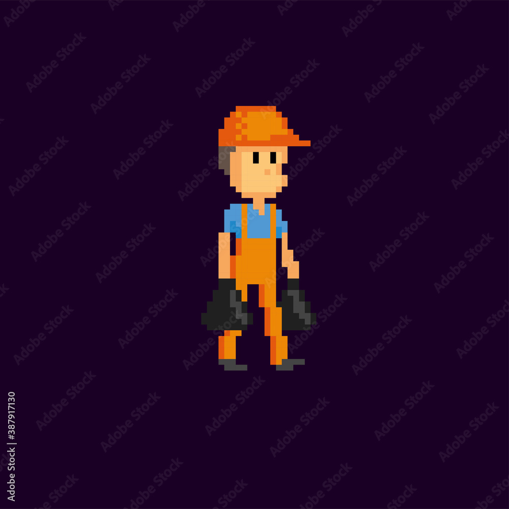 Janitor, garbage collector carries garbage bags pixel art icon. Element design for logo, stickers, web, embroidery and mobile app. Isolated vector illustration. 8-bit sprite.