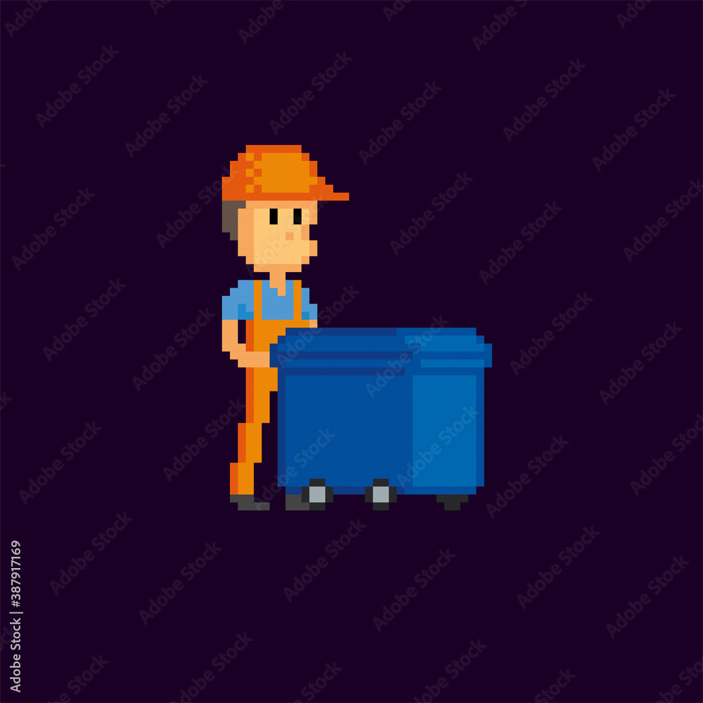 Garbage collector moves a trash can. pixel art icon. Element design for logo, stickers, web, embroidery and mobile app. Isolated vector illustration. 8-bit sprite.
