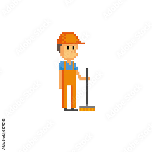 Janitor, cleaner holds a broom pixel art icon. Element design for logo, stickers, web, embroidery and mobile app. Isolated vector illustration. 8-bit sprite.