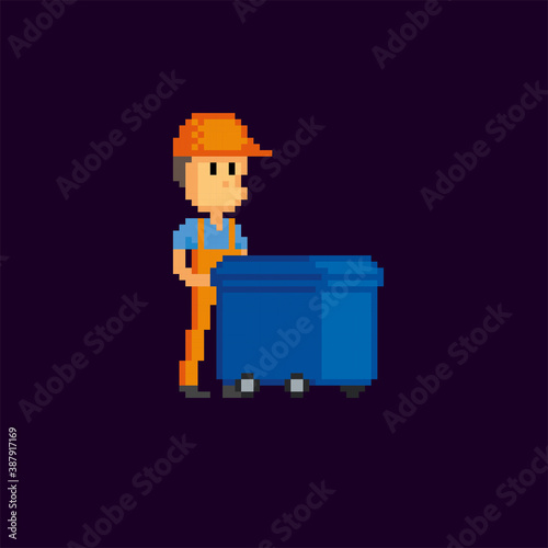 Garbage collector moves a trash can. pixel art icon. Element design for logo, stickers, web, embroidery and mobile app. Isolated vector illustration. 8-bit sprite.