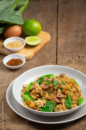 Thai food; Fried noodle with pork in soy sauce and vegetable