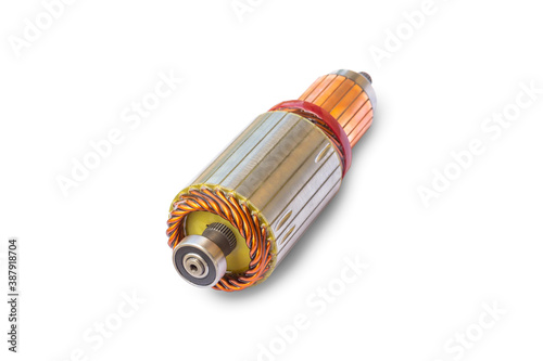 Armature assembly of car starter motor isolated on whited background