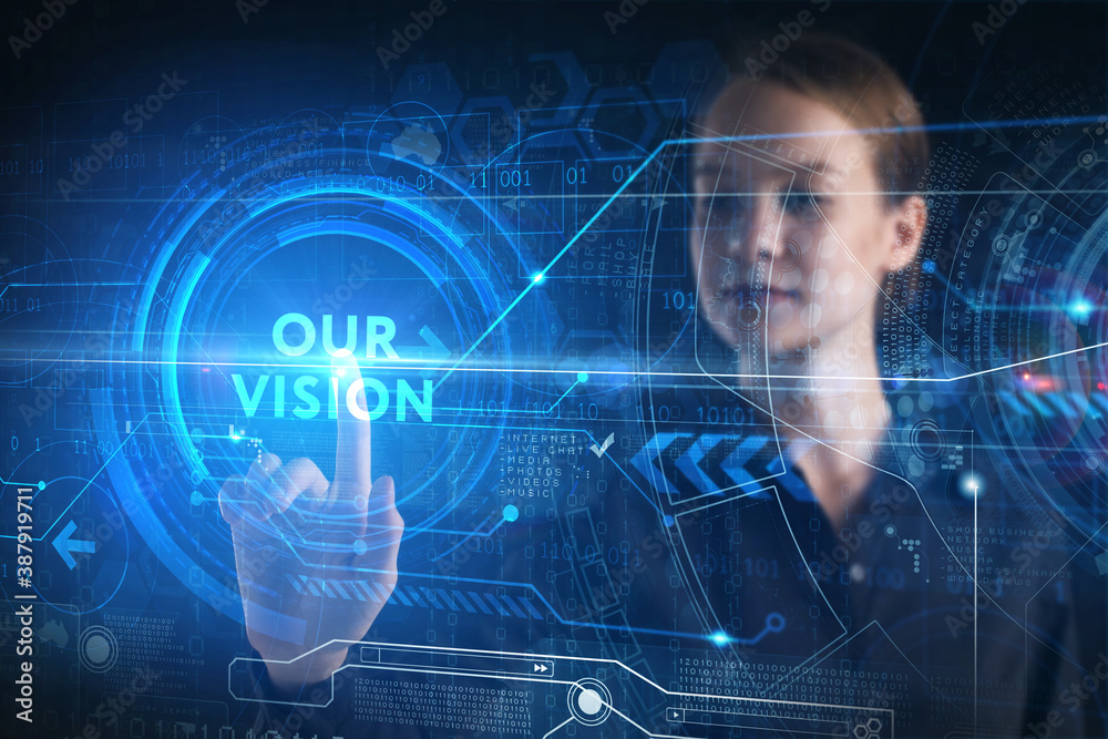 Business, technology, internet and network concept. Young businessman thinks over the steps for successful growth: Our vision Business, technology, internet and network concept. Young businessman thinks over the steps for successful growth: Our vision