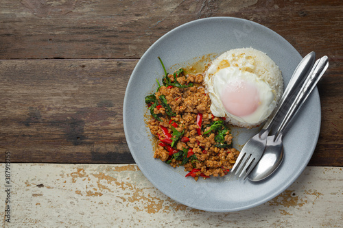 Thai food; Basil Minced Pork with rice and  fried egg