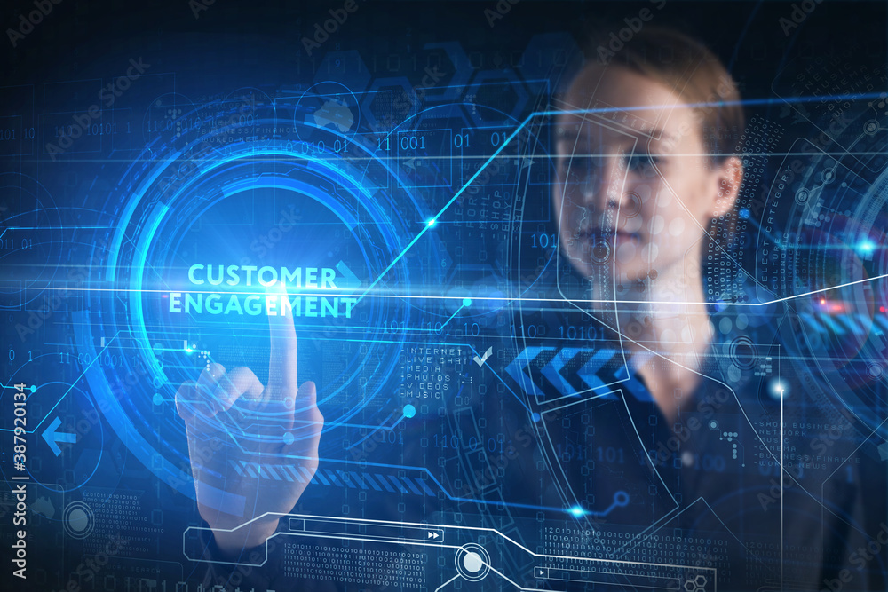 Business, technology, internet and network concept. Young businessman thinks over the steps for successful growth: Customer engagement