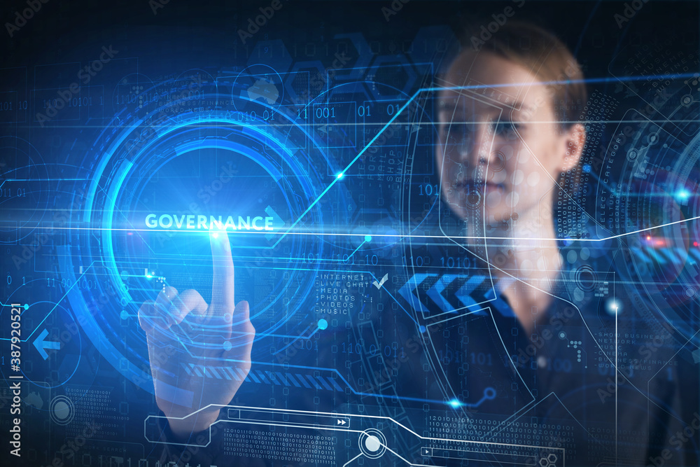 Business, technology, internet and network concept. Young businessman thinks over the steps for successful growth: Governance Business, technology, internet and network concept. Young businessman thinks over the steps for successful growth: Governance