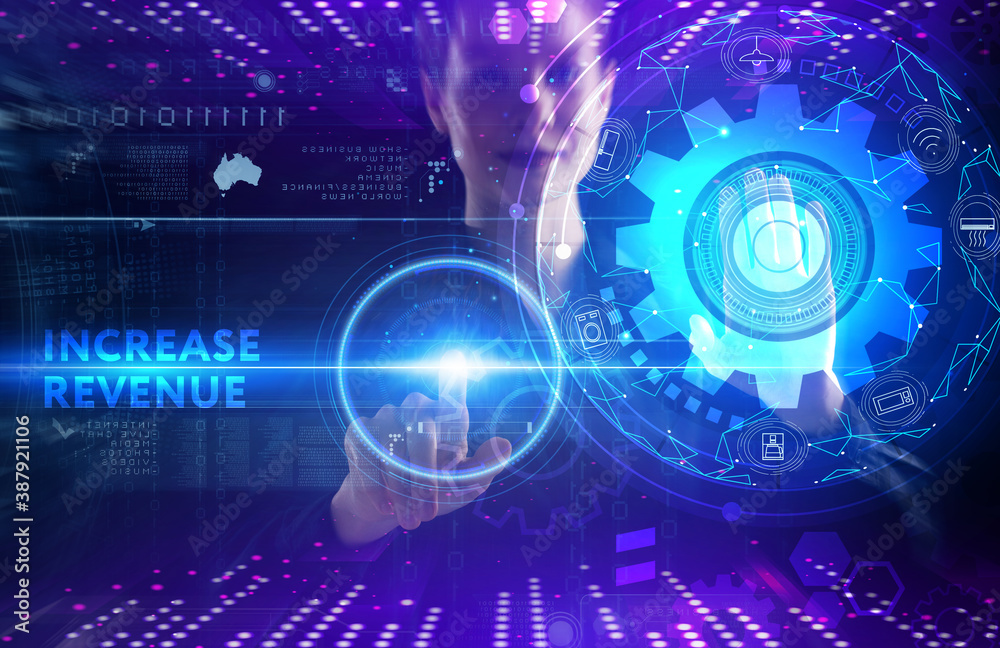 Business, technology, internet and network concept. Young businessman thinks over the steps for successful growth: Increase revenue Business, technology, internet and network concept. Young businessman thinks over the steps for successful growth: Increase revenue