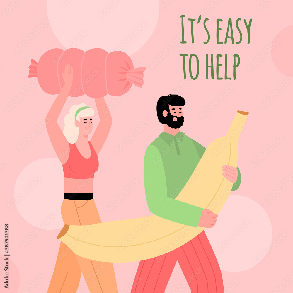 Poster or banner calling to help and donate with cartoon people characters carrying food. Placard template for volunteering and donation flat vector illustration. Poster or banner calling to help and donate with cartoon people characters carrying food. Placard template for volunteering and donation flat vector illustration.