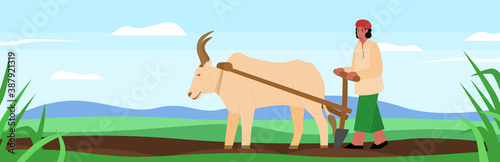 Indian farmer plowing the land on a buffalo, flat cartoon vector illustration. Agricultural scenery background of Indian farmer or peasant work in field.