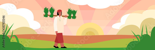 Field with Indian farmers carrying plants, cartoon flat vector illustration. Traditional farming and agricultural work in India, cultivation of crops by hand.