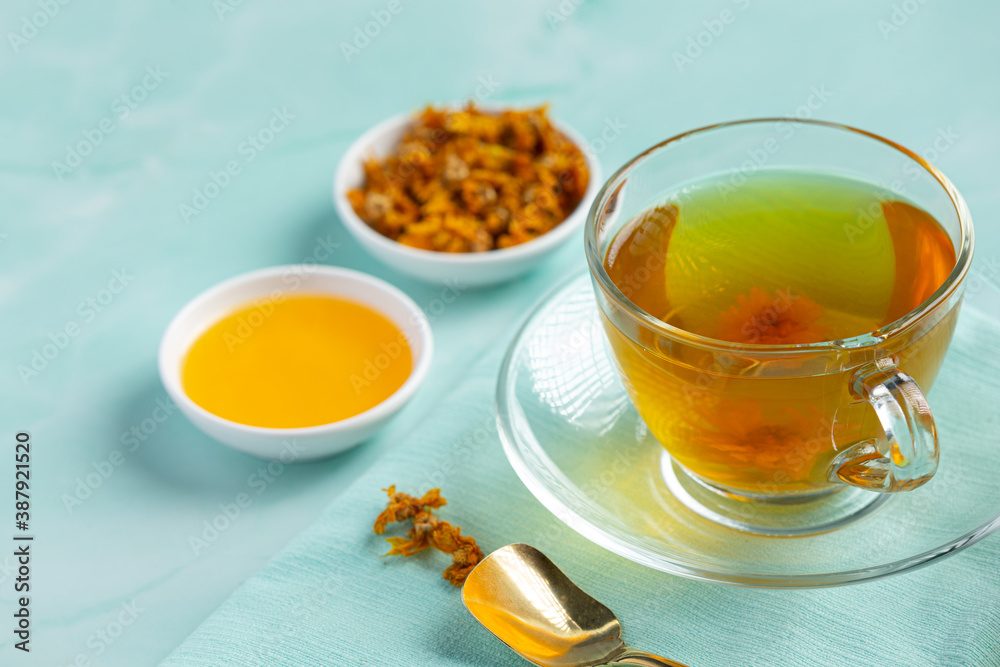 Chrysanthemum Flower Tea on table Chrysanthemum Flower Tea on table
