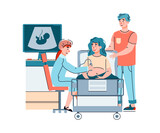 Health of the mother and fetus during pregnancy. Doctor and married couple expecting a baby doing ultrasound embryo screening check up in medical clinic. Vector isolated illustration