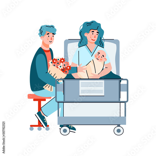 Couple with newborn baby in maternity hospital after childbirth, flat cartoon vector illustration isolated on white background. Obstetrics and childbirth assistance.