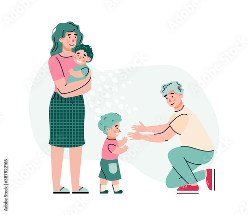 Family of parents with two children. Father holds out his hands to walking kid, mother holds newborn baby in her arms. Happy fatherhood and motherhood. Vector isolated illustration