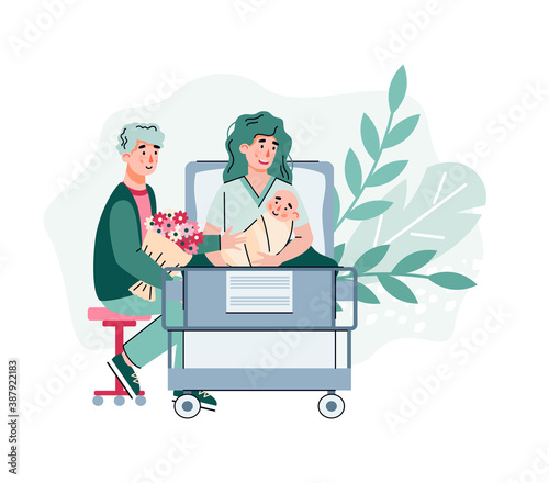 Happy couple in maternity hospital after baby birth, flat cartoon vector illustration isolated on white background. Obstetrics and childbirth assistance concept.