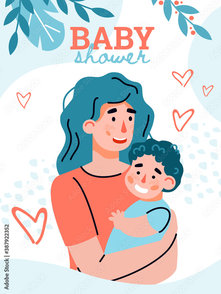 Concept of happy maternity and parenting. Young woman hugs her little son. A mother holds a baby in her arms. Poster with lettering. Vector colorful illustration Concept of happy maternity and parenting. Young woman hugs her little son. A mother holds a baby in her arms. Poster with lettering. Vector colorful illustration