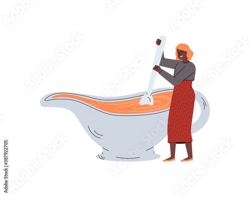 Tiny female chef cooking tasty traditional pumpkin soup for thanksgiving. Sweet seasonal autumn holiday dish. Vector illustration isolated on a white background.
