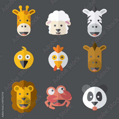Fototapeta Naklejka Na Ścianę i Meble -  Flat Design Animals Face Cartoon Set Vector Illustration.