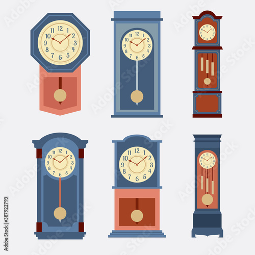 Flat Design Grandfather Pendulum Clock Icon Set Vector Illustration.