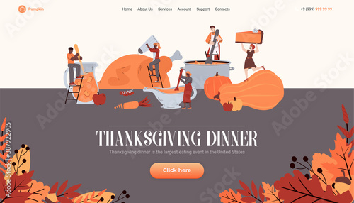 Traditional autumn thanksgiving holiday dinner. Tiny chefs cooking roast turkey and pumpkin dishes for family festive event. Vector illustration. Landing page template.