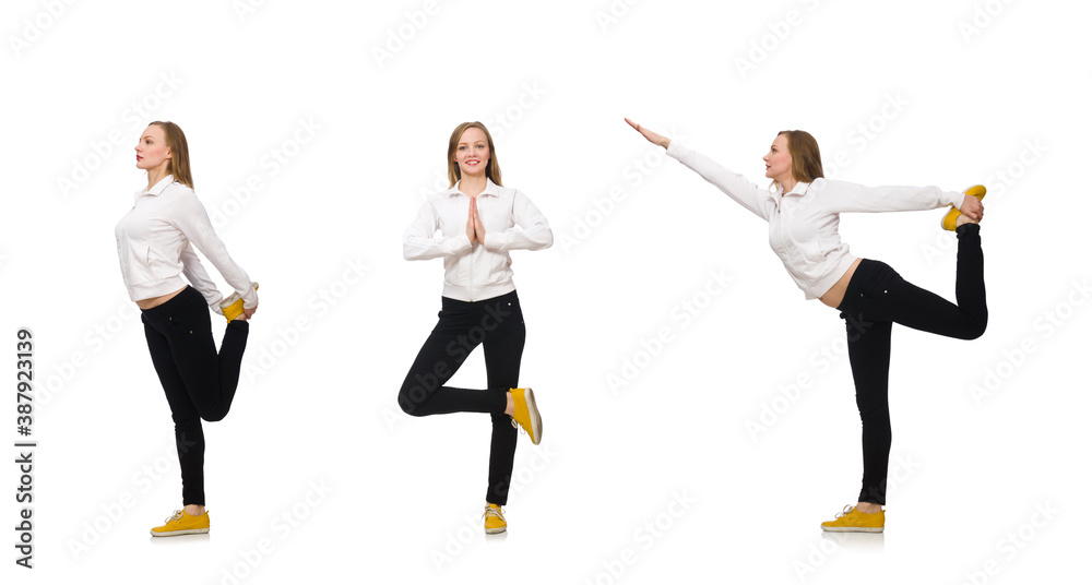 Woman doing exercises isolated on white