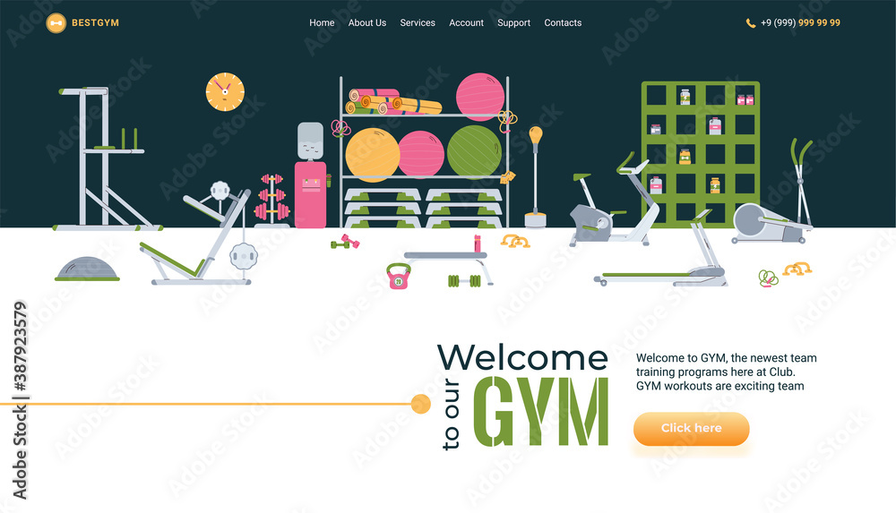 Naklejka premium Design for website for fitness, workout and physical exercises in modern gym. A set icons of sports equipment. Active healthy lifestyle. Vector illustration.