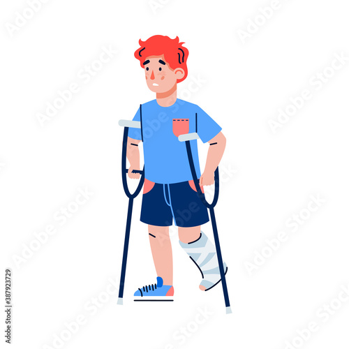 Little boy with fracture of leg on crutches, flat cartoon vector illustration isolated on white background. Cartoon character for children traumatology clinic.