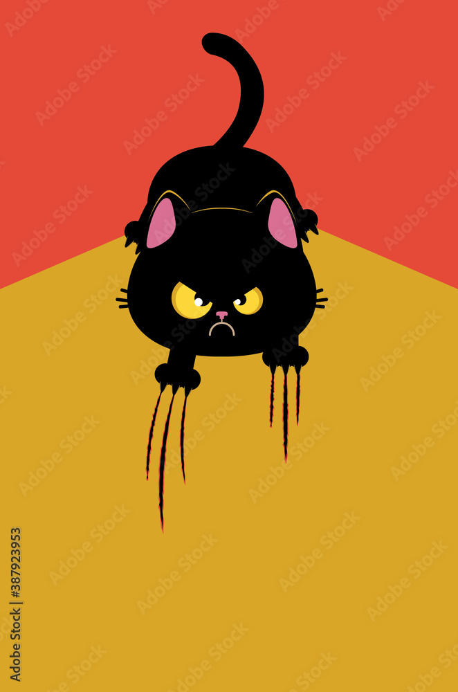 Naklejka premium Angry black cat scratching