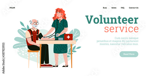 Website for volunteer services of elderly people support, flat cartoon vector illustration. Volunteer or social service nurse providing healthcare to a senior man.