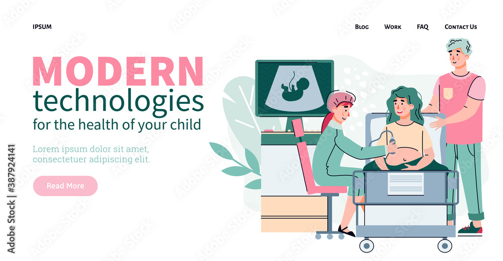 Modern medicine technologies for the health of child and healthy childbirth website template , flat cartoon vector illustration. Couple visits perinatal center for test. Modern medicine technologies for the health of child and healthy childbirth website template , flat cartoon vector illustration. Couple visits perinatal center for test.