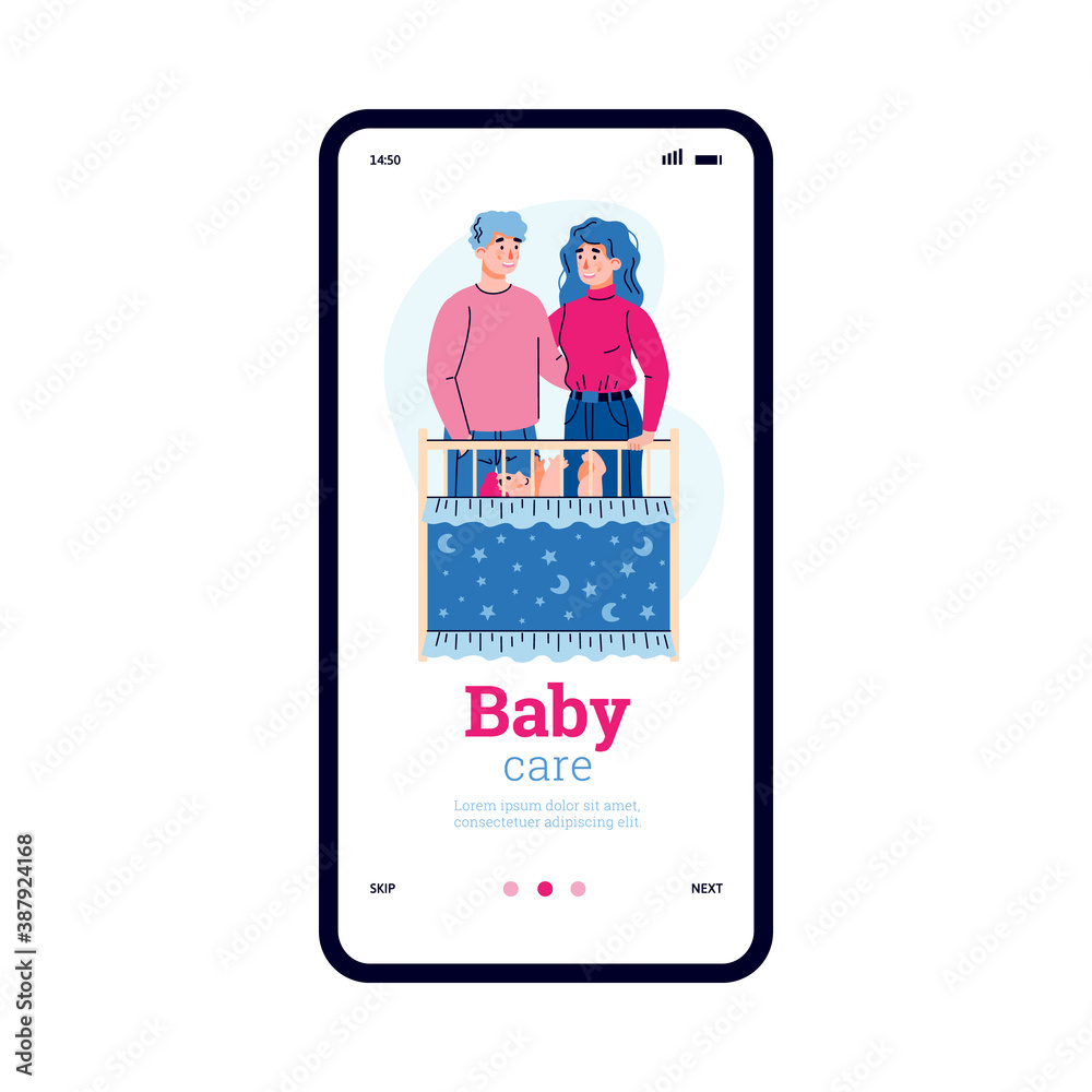 Mobile app interface on phone screen with a family taking care of a newborn baby. Happy motherhood and fatherhood. Vector illustration. Mobile app interface on phone screen with a family taking care of a newborn baby. Happy motherhood and fatherhood. Vector illustration.