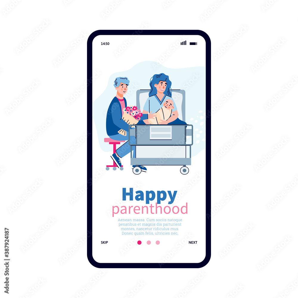 Mobile app interface on phone screen with married couple and newborn baby in modern maternity hospital. Happy pregnancy, maternity, parenthood, care for infant. Vector illustration Mobile app interface on phone screen with married couple and newborn baby in modern maternity hospital. Happy pregnancy, maternity, parenthood, care for infant. Vector illustration
