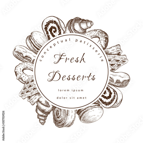 vector pastry, bakery round label or frame with sweet desserts. bakeryhouse logo template. Pastry shop emblem. Patisserie banner or signboard with donuts, cakes, desserts. vintage engraved style.