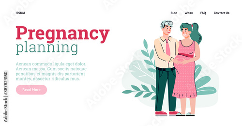 Family fertility clinic and pregnancy planning website page template with cartoon characters of man and pregnant woman, flat vector illustration. Child birth planning.
