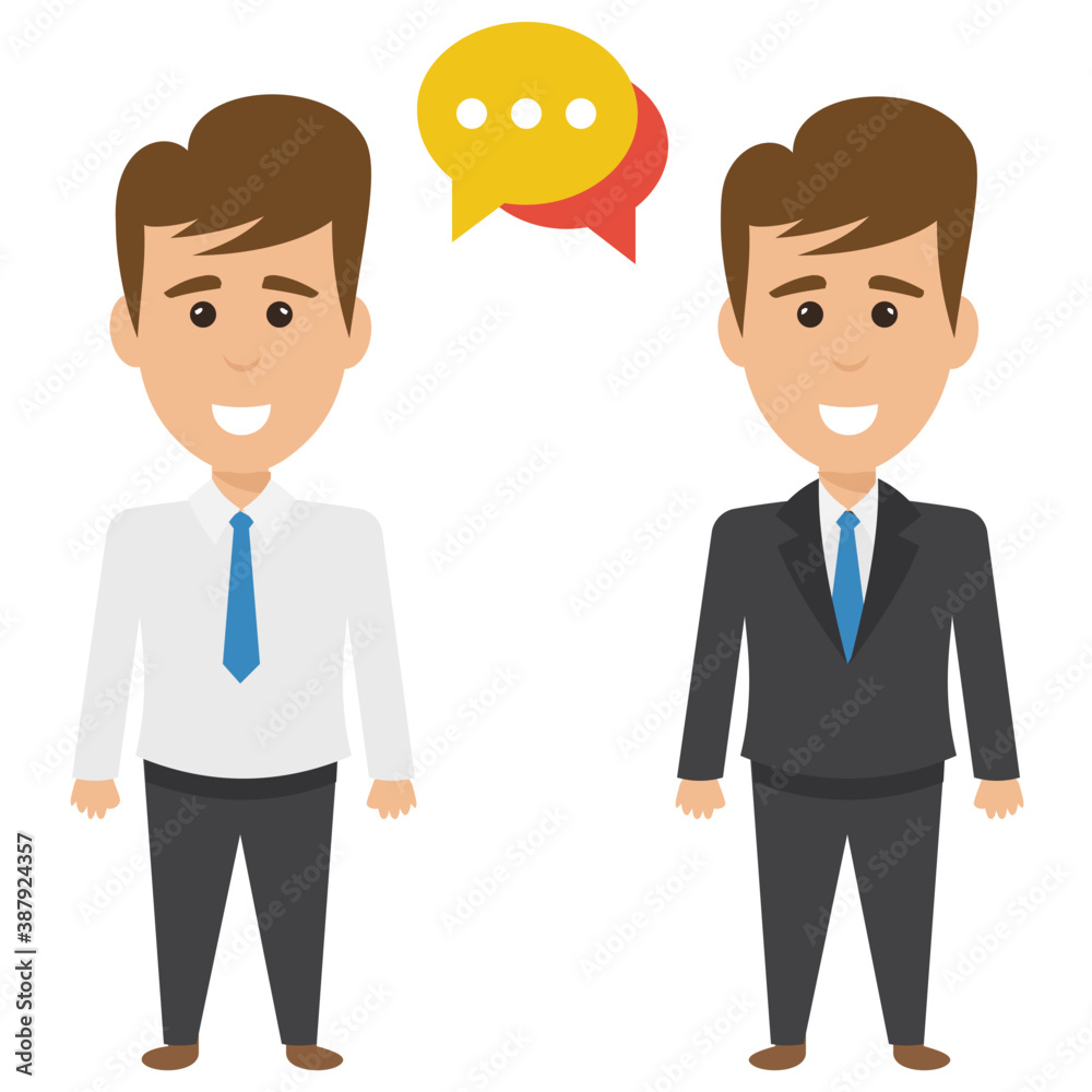 Two male office buddies having discussion with speech bubble
Two male office buddies having discussion with speech bubble