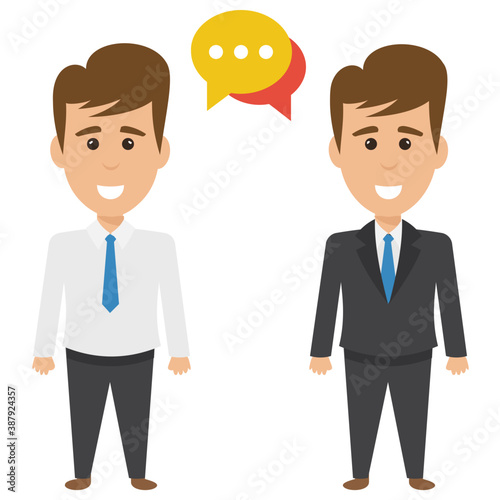 
Two male office buddies having discussion with speech bubble 
