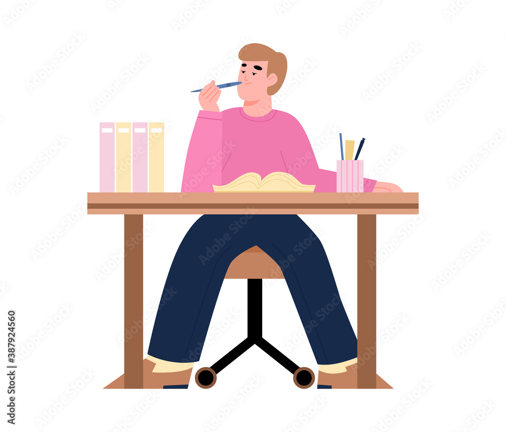 Bored, lazy, tired office worker or student sitting at his desk. Procrastinating young man with textbook and pen in hand. Flat cartoon isolated vector illustration