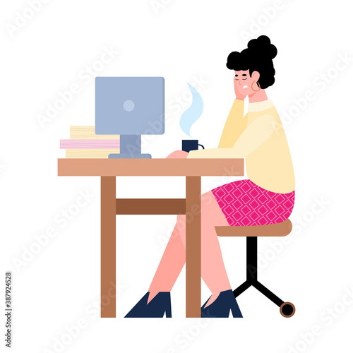 Bored or tired female employee at office desk with cup coffee. Lazy young woman working with computer on workplace. Flat cartoon isolated vector illustration © Kudryavtsev
