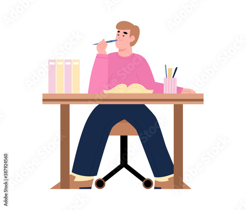 Bored, lazy, tired office worker or student sitting at his desk. Procrastinating young man with textbook and pen in hand. Flat cartoon isolated vector illustration