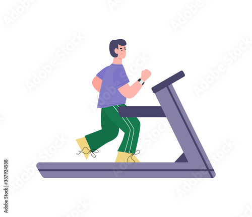 Man cartoon character training on treadmill, flat cartoon vector illustration isolated on white background. Man doing workout on fitness club or gym modern equipment.