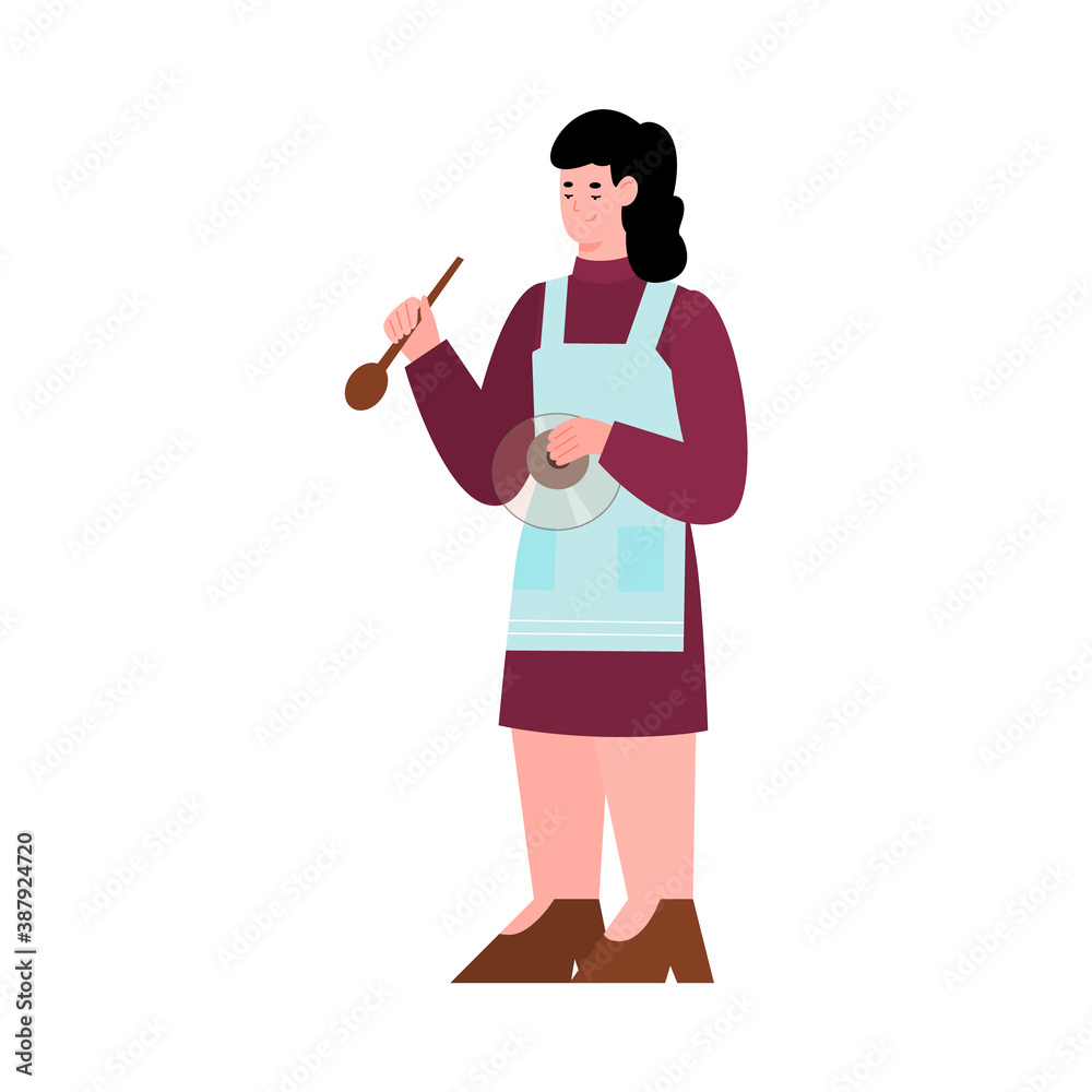 Woman standing with kitchen spoon in hands, flat cartoon vector illustration isolated on white background. Young woman cooking food a character for culinary show. Woman standing with kitchen spoon in hands, flat cartoon vector illustration isolated on white background. Young woman cooking food a character for culinary show.