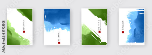 vector green and blue ink brush stroke set