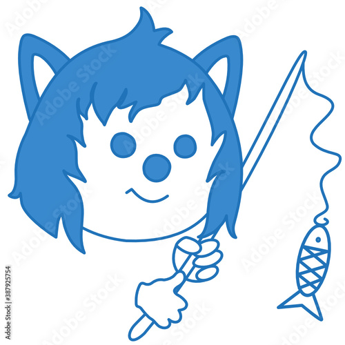 wolf fisherman holds in his hands a fishing rod with caught fish, color vector clip art on white isolated background