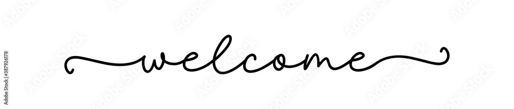 WELCOME. Black vector line calligraphy banner. Simple lettering typography script word welcome. Poster, card, label, vector design. Hand drawn modern text - welcome.