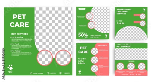 Set of editable square banner templates. Pet care and pet shop social media post template design with photo collage. Usable for social media post, story and web internet ads.