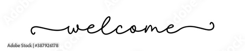 WELCOME. Black vector line calligraphy banner. Simple lettering typography script word welcome. Poster, card, label, vector design. Hand drawn modern text - welcome.