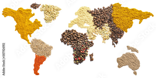 Fototapeta Naklejka Na Ścianę i Meble -  World map made of spices on white background