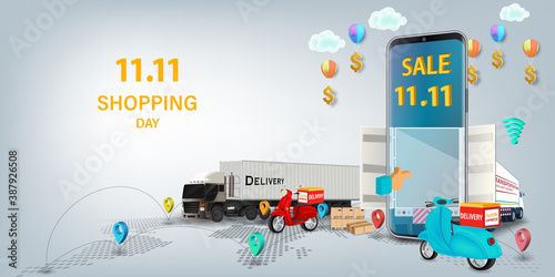 Fast delivery by scooter on mobile. E-commerce online concept. 11.11 November Shopping Day .Online infographic. Webpage, app design. vector illustration.