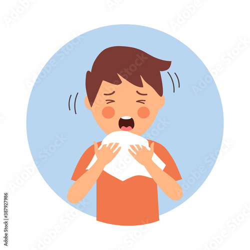 A boy children suffering from flu in winter season. Sad kids sneezing in handkerchief or tissue paper. Flu or cold allergy symptom cartoon. Influenza treatment. COVID-19 Coronavirus infection.