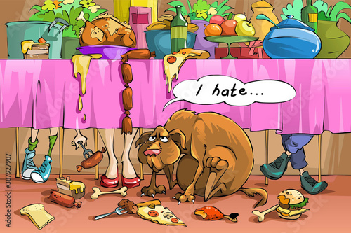 Tableau sur toile The dog ate too much food during the celebration